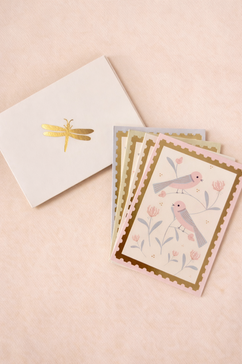 Set of greeting cards with  bird designs and envelope with dragonfly on a pink background