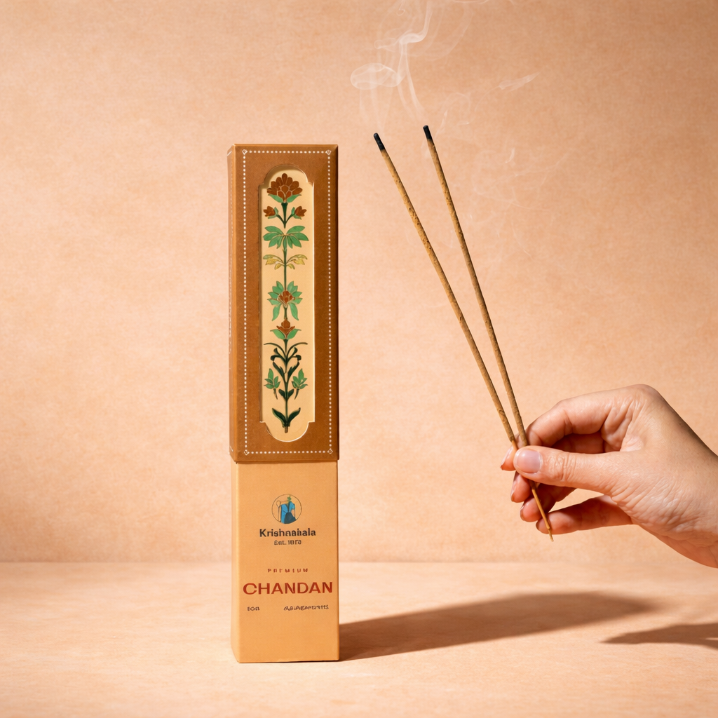 Hand holding incense sticks with a  Chandan incense box on a beige background