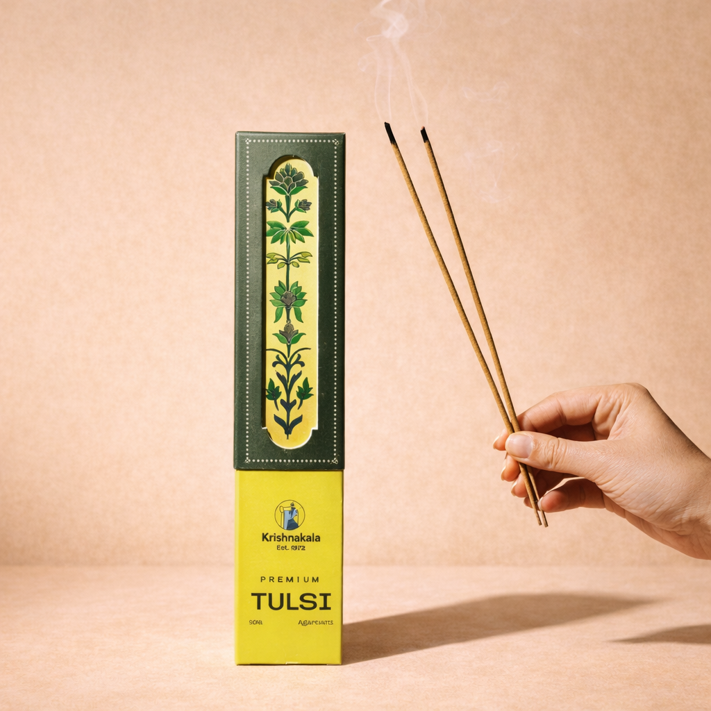 Tulsi incense packaging with incense sticks on a beige background